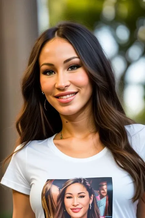 very young SandeeWestgate-7250,((masterpiece)), (best quality), perfect anatomy, highres, detailed, (8k), photorealistic,best quality, ultra highres, ((detailed face)),, 1girl, solo, realistic, smile, long hair, brown eyes, shirt, grin, looking at viewer, ((t-shirt)), clothes writing, school background, upper body, lips