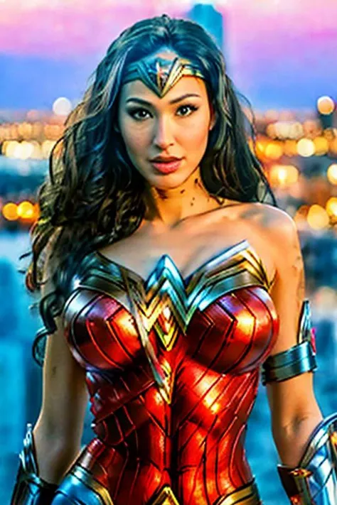 close up SandeeWestgate-7250, best quality, 1girl, solo, wonder woman, breasts, looking at viewer, upper body, black hair, brown eyes, cityscape, blurry background, <lora:ww_v1:1>