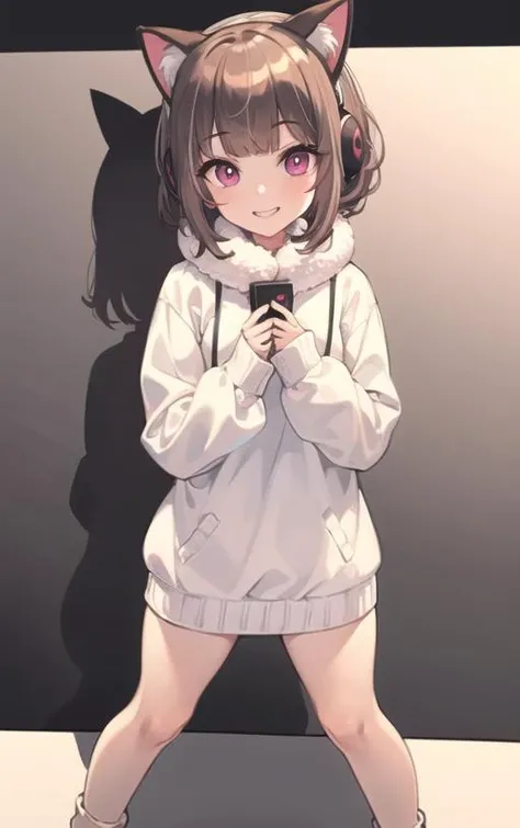 masterpiece, high quality, 1girl, solo, cheeks, ultra detailed eyes, white pupils, sharp outlines, KMNZliz
cat ear, brown hair, wavy hair, medium short hair, over-sized fitting sweater, white sweater, <lyco:KMNZ_liz_v5:1.0>
headphone, headset,