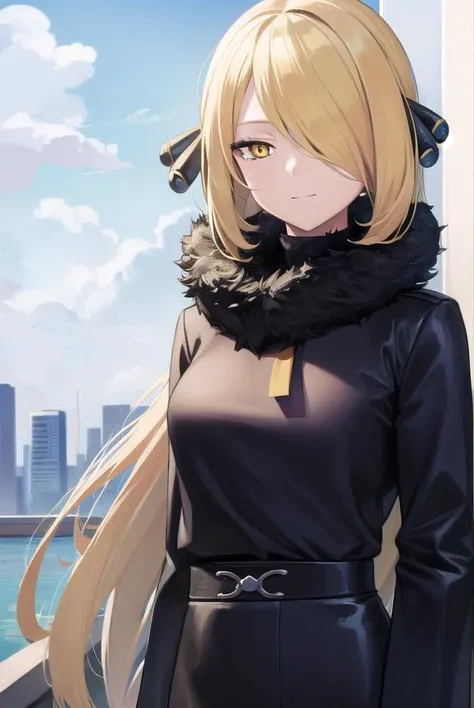 pokemoncynthia, <lyco:pokemoncynthia-lyco-nochekaiser:1>,
pokemoncynthia, blonde hair, hair ornament, (hair over one eye:1.5), long hair, (yellow eyes:1.5), <lora:sensualface_type1:1>, smile,
BREAK black coat, black pants, black shirt, coat, fur collar, fur trim, fur-trimmed sleeves, pants, shirt,
BREAK looking at viewer, upper body, full body, (cowboy shot:1.5),
BREAK outdoors, nature, sky,
BREAK <lyco:GoodHands-beta2:1>, (masterpiece:1.2), best quality, high resolution, unity 8k wallpaper, (illustration:0.8), (beautiful detailed eyes:1.6), extremely detailed face, perfect lighting, extremely detailed CG, (perfect hands, perfect anatomy),