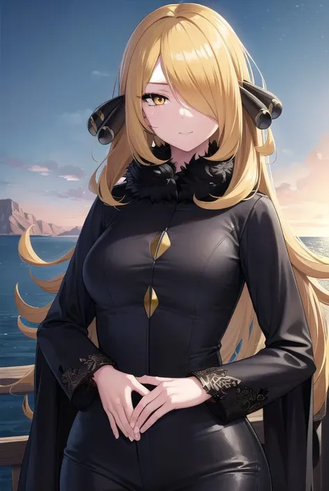 pokemoncynthia, <lyco:pokemoncynthia-lyco-nochekaiser:1>,
pokemoncynthia, blonde hair, hair ornament, (hair over one eye:1.5), long hair, (yellow eyes:1.5), <lora:sensualface_type1:1>, smile,
BREAK black coat, black pants, black shirt, coat, fur collar, fur trim, fur-trimmed sleeves, pants, shirt,
BREAK looking at viewer, upper body, full body, (cowboy shot:1.5),
BREAK outdoors, nature, sky,
BREAK <lyco:GoodHands-beta2:1>, (masterpiece:1.2), best quality, high resolution, unity 8k wallpaper, (illustration:0.8), (beautiful detailed eyes:1.6), extremely detailed face, perfect lighting, extremely detailed CG, (perfect hands, perfect anatomy),