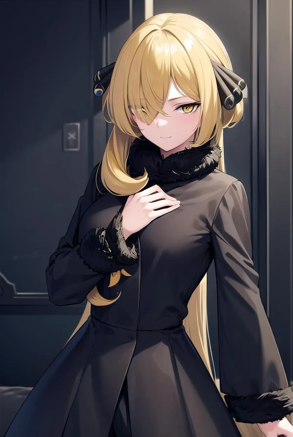 pokemoncynthia, <lyco:pokemoncynthia-lyco-nochekaiser:1>,
pokemoncynthia, blonde hair, hair ornament, (hair over one eye:1.5), long hair, (yellow eyes:1.5), <lora:sensualface_type1:1>, smile,
BREAK black coat, black pants, black shirt, coat, fur collar, fur trim, fur-trimmed sleeves, pants, shirt,
BREAK looking at viewer, upper body, full body, (cowboy shot:1.5),
BREAK outdoors, nature, sky,
BREAK <lyco:GoodHands-beta2:1>, (masterpiece:1.2), best quality, high resolution, unity 8k wallpaper, (illustration:0.8), (beautiful detailed eyes:1.6), extremely detailed face, perfect lighting, extremely detailed CG, (perfect hands, perfect anatomy),