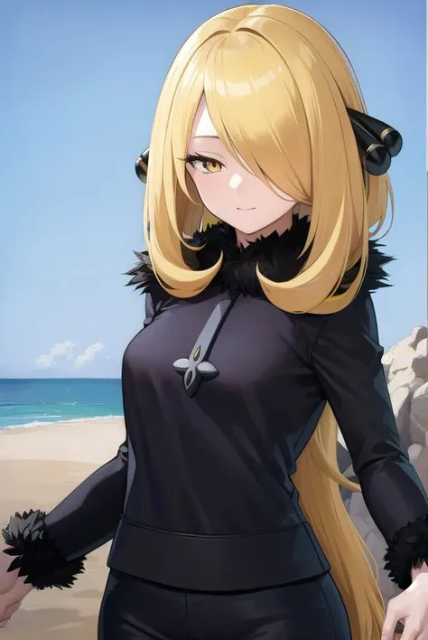 pokemoncynthia, <lyco:pokemoncynthia-lyco-nochekaiser:1>,
pokemoncynthia, blonde hair, hair ornament, (hair over one eye:1.5), long hair, (yellow eyes:1.5), <lora:sensualface_type1:1>, smile,
BREAK black coat, black pants, black shirt, coat, fur collar, fur trim, fur-trimmed sleeves, pants, shirt,
BREAK looking at viewer, upper body, full body, (cowboy shot:1.5),
BREAK outdoors, nature, sky,
BREAK <lyco:GoodHands-beta2:1>, (masterpiece:1.2), best quality, high resolution, unity 8k wallpaper, (illustration:0.8), (beautiful detailed eyes:1.6), extremely detailed face, perfect lighting, extremely detailed CG, (perfect hands, perfect anatomy),