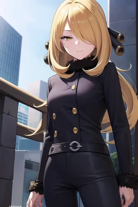 pokemoncynthia, <lyco:pokemoncynthia-lyco-nochekaiser:1>,
pokemoncynthia, blonde hair, hair ornament, (hair over one eye:1.5), long hair, (yellow eyes:1.5), <lora:sensualface_type1:1>, smile,
BREAK black coat, black pants, black shirt, coat, fur collar, fur trim, fur-trimmed sleeves, pants, shirt,
BREAK looking at viewer, upper body, full body, (cowboy shot:1.5),
BREAK outdoors, nature, sky,
BREAK <lyco:GoodHands-beta2:1>, (masterpiece:1.2), best quality, high resolution, unity 8k wallpaper, (illustration:0.8), (beautiful detailed eyes:1.6), extremely detailed face, perfect lighting, extremely detailed CG, (perfect hands, perfect anatomy),