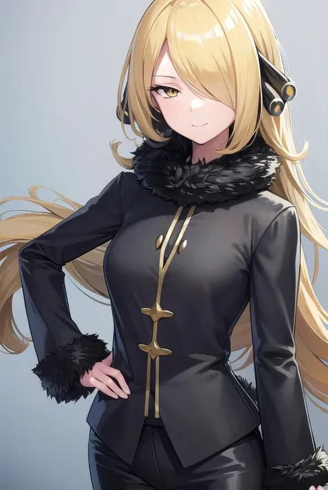 pokemoncynthia, <lyco:pokemoncynthia-lyco-nochekaiser:1>,
pokemoncynthia, blonde hair, hair ornament, (hair over one eye:1.5), long hair, (yellow eyes:1.5), <lora:sensualface_type1:1>, smile,
BREAK black coat, black pants, black shirt, coat, fur collar, fur trim, fur-trimmed sleeves, pants, shirt,
BREAK looking at viewer, upper body, full body, (cowboy shot:1.5),
BREAK outdoors, nature, sky,
BREAK <lyco:GoodHands-beta2:1>, (masterpiece:1.2), best quality, high resolution, unity 8k wallpaper, (illustration:0.8), (beautiful detailed eyes:1.6), extremely detailed face, perfect lighting, extremely detailed CG, (perfect hands, perfect anatomy),