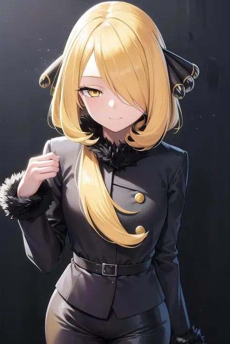 pokemoncynthia, <lyco:pokemoncynthia-lyco-nochekaiser:1>,
pokemoncynthia, blonde hair, hair ornament, (hair over one eye:1.5), long hair, (yellow eyes:1.5), <lora:sensualface_type1:1>, smile,
BREAK black coat, black pants, black shirt, coat, fur collar, fur trim, fur-trimmed sleeves, pants, shirt,
BREAK looking at viewer, upper body, full body, (cowboy shot:1.5),
BREAK outdoors, nature, sky,
BREAK <lyco:GoodHands-beta2:1>, (masterpiece:1.2), best quality, high resolution, unity 8k wallpaper, (illustration:0.8), (beautiful detailed eyes:1.6), extremely detailed face, perfect lighting, extremely detailed CG, (perfect hands, perfect anatomy),