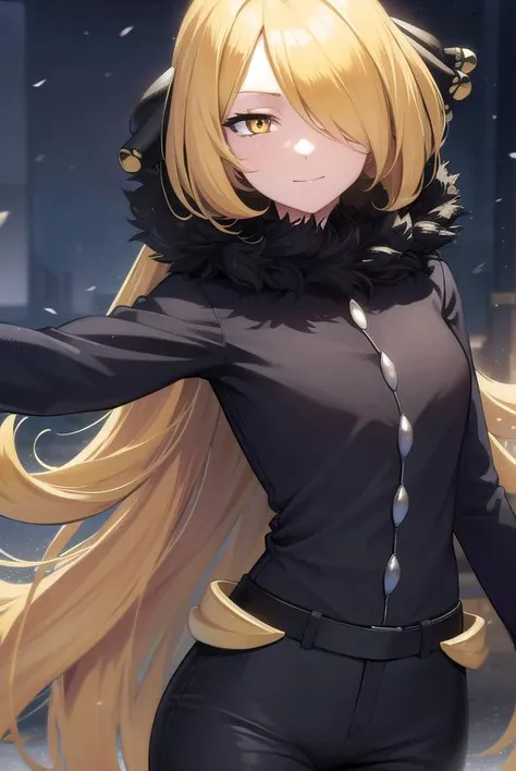 pokemoncynthia, <lyco:pokemoncynthia-lyco-nochekaiser:1>,
pokemoncynthia, blonde hair, hair ornament, (hair over one eye:1.5), long hair, (yellow eyes:1.5), <lora:sensualface_type1:1>, smile,
BREAK black coat, black pants, black shirt, coat, fur collar, fur trim, fur-trimmed sleeves, pants, shirt,
BREAK looking at viewer, upper body, full body, (cowboy shot:1.5),
BREAK outdoors, nature, sky,
BREAK <lyco:GoodHands-beta2:1>, (masterpiece:1.2), best quality, high resolution, unity 8k wallpaper, (illustration:0.8), (beautiful detailed eyes:1.6), extremely detailed face, perfect lighting, extremely detailed CG, (perfect hands, perfect anatomy),