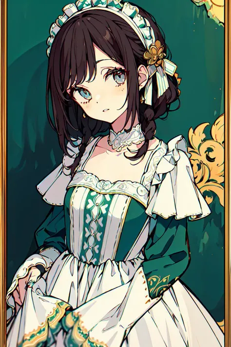 <lora:akakura:0.8>masterpiece, best quality, highly detailed, rococo,1girl, anime, beautiful detailed eyes, looking at viewer, standing, brown eyes, black hair, braid,white and green highly decorate rococo dress,