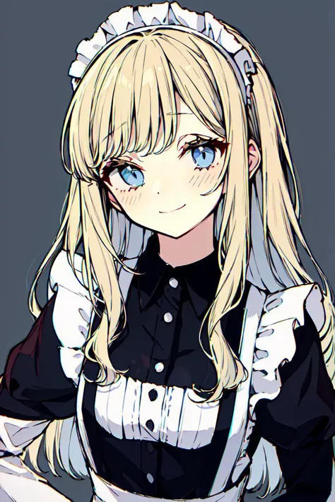 <lora:akakura:0.8>1girl, smile, long hair, maid headdress, solo, maid, apron, maid apron, dress, long sleeves, looking at viewer, grey eyes, blue eyes, blonde hair, bangs, simple background, closed mouth, collared dress, blush, frills, white apron, black dress