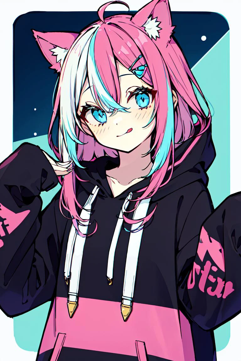 <lora:akakura:0.8>1girl, solo, hood, blue eyes, tongue, tongue out, long hair, long sleeves, bangs, hood up, black hoodie, arm up, upper body, multicolored hair, looking at viewer, white hair, hair between eyes, puffy long sleeves, hoodie, puffy sleeves, pink hair, drawstring, blush, closed mouth, :p, fake animal ears, virtual youtuber, sleeves past wrists, smile, horns, black jacket, jacket, two-tone hair