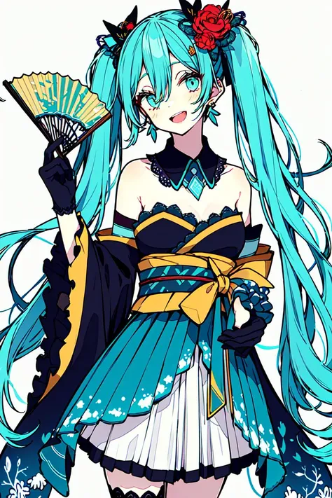 <lora:akakura:0.8>1girl, hatsune miku, solo, gloves, long hair, hand fan, twintails, flower, japanese clothes, hair ornament, white background, holding, very long hair, black gloves, lace gloves, simple background, hair flower, folding fan, kimono, lace, holding fan, open mouth, red flower, wide sleeves, sash, lace trim, smile, floral print, aqua eyes, tassel, bare shoulders, earrings, cowboy shot, jewelry, aqua hair, hair between eyes, obi, aqua skirt, skirt, strapless, looking at viewer, detached sleeves, detached collar, striped, frills, bangs
