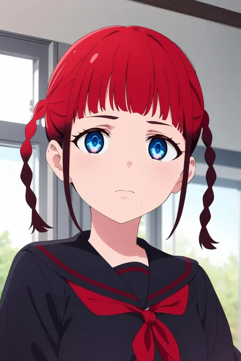 ((best quality)),((highly detailed)),masterpiece,absurdres,detailed face,beautiful face,(detailed eyes, deep eyes),1girl,((dynamic pose))   <lora:ChiseV1:0.7>Chise, mole, red hair, mole under mouth, blue eyes, solo, braid, school uniform, twin braids, blunt bangs, bangs, gradient hair, upper body, serafuku, shirt, sailor collar, black shirt, black serafuku, short hair, mole under eye, closed mouth, frown, indoors, twintails, sidelocks, looking at viewer