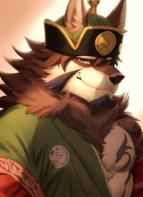 <lora:temujin-08:1>, temujin, solo, mature male, bara, muscular male, wolf tail, smile, (pose:1.3), (posing:1.3), (soft shading), 4k, hi res, ((detailed face, (detailed eyes:1.0), detailed)), (full body), by zackarry911, by zaush, (by personalami:0.5), looking at viewer, smile, 1boy, upper body, male focus, japanese clothes, open clothes, fang, kimono, headband, open kimono, bare pectorals, green kimono, hadanugi dousa, tusks, portrait, close_up