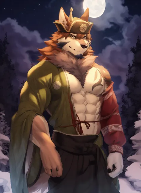 <lora:temujin-08:1>, temujin, solo, mature male, bara, muscular male, wolf tail, smile, (pose:1.3), (posing:1.3), (soft shading), 4k, hi res, ((detailed face, (detailed eyes:1.0), detailed)), (full body), by zackarry911, by zaush, (by personalami:0.5), looking at viewer, 1boy, navel, upper body, male focus, japanese clothes, open clothes, fang, kimono, stomach, from side, night, abs, moon, open kimono, bare pectorals, crescent moon, green kimono, hadanugi dousa, tusks
