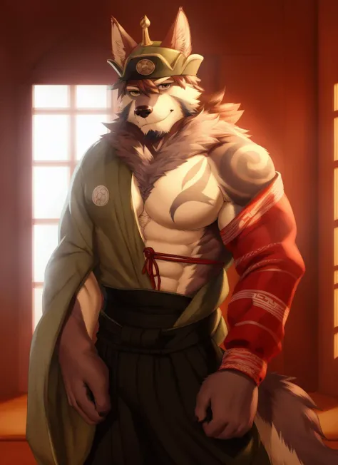 <lora:temujin-08:1>, temujin, mature male, bara, muscular male, wolf tail, smile, (pose:1.3), (posing:1.3), (soft shading), 4k, hi res, ((detailed face, (detailed eyes:1.0), detailed)), (full body), by zackarry911, by zaush, (by personalami:0.5), looking at viewer, 1boy, navel, male focus, japanese clothes, open clothes, fang, kimono, stomach, feet out of frame, abs, hakama, open kimono, bare pectorals, green kimono, single bare shoulder, hadanugi dousa, tusks, hakama pants