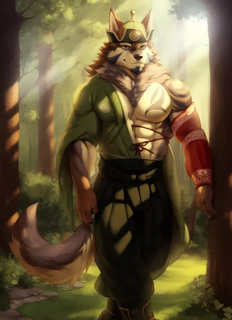 <lora:temujin-08:1>, temujin, solo, mature male, bara, muscular male, wolf tail, smile, (pose:1.3), (posing:1.3), (soft shading), 4k, hi res, ((detailed face, (detailed eyes:1.0), detailed)), (full body), by zackarry911, by zaush, (by personalami:0.5), looking at viewer, 1boy, navel, male focus, japanese clothes, open clothes, fang, kimono, stomach, feet out of frame, abs, hakama, open kimono, bare pectorals, green kimono, single bare shoulder, hadanugi dousa, tusks, hakama pants, from behind, forest