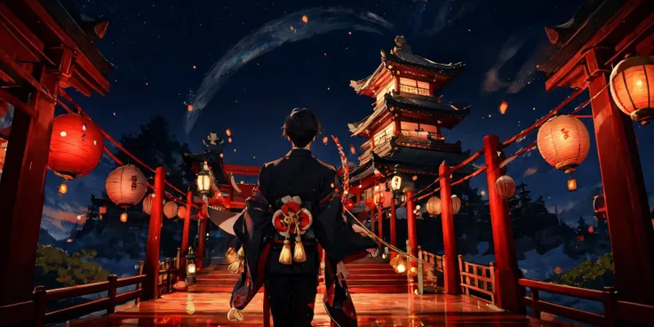 (masterpiece:1.2), best quality,fantasy,
Tyndall effect, night, lantern, tree, scenery, outdoors, 1boy, solo, black hair, japanese clothes, from behind, male focus, standing, east asian architecture, architecture, sky, night sky, stairs, facing away,
<lora:UE_20230717224732-000003:0.6>