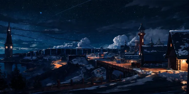 (masterpiece:1.2), best quality,fantasy,
Night scene, scenery, sky, cloud, no humans, night, star (sky), outdoors, tower, building, fantasy, starry sky, night sky, water, cloudy sky, city
<lora:UE_20230717224732-000003:0.6>