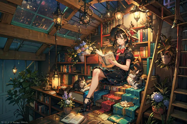 (Masterpiece:1.2, high quality), (pixiv:1.4),fansty world,
1girl, book, broom, kiki (majo no takkyuubin), flower, cat, open book, sitting, bow, bookshelf, night, reading, hair bow, lantern, brown hair, dress, watermark, red bow, plant, star (sky), black dress, black cat, web address, ladder, shoes, stairs, holding, animal, witch, hydrangea
 <lora:fansty world_20230601105102-000020:0.8>