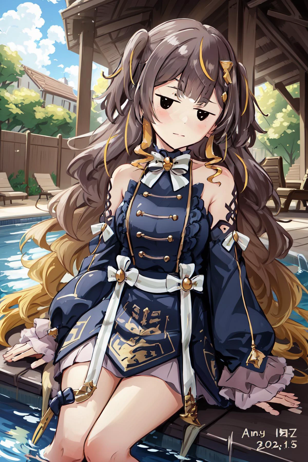 (masterpiece, best quality), intricate details,
1girl, <lora:AnyaLora-12:0.8> Anya, Anya Attire,
<lora:hotarueye_jitome4_v100:1> sitting by pool side, water,