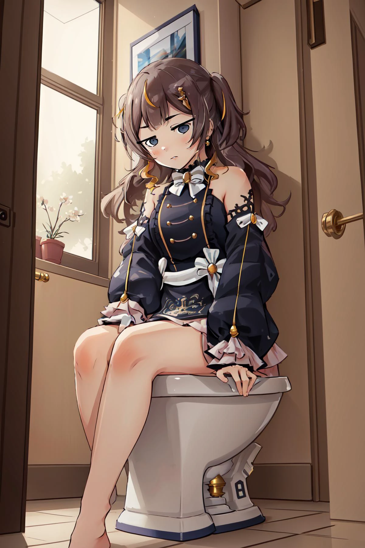 (masterpiece, best quality), intricate details,
1girl, <lora:AnyaLora-12:0.8> Anya, Anya Attire,
<lora:hotarueye_jitome1_v100:1> toilet, bathroom, sitting on toilet, embarassed,