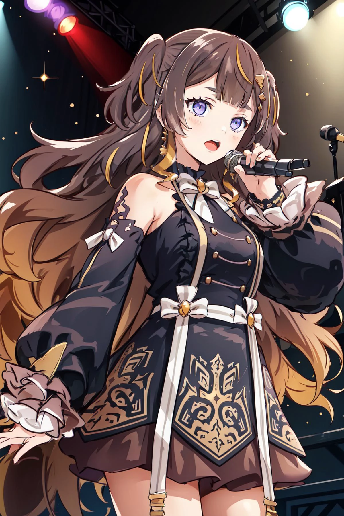(masterpiece, best quality), intricate details,
1girl, <lora:AnyaLora-12:0.8> Anya, Anya Attire,
indoors, stage, singing, concert, stage lights,