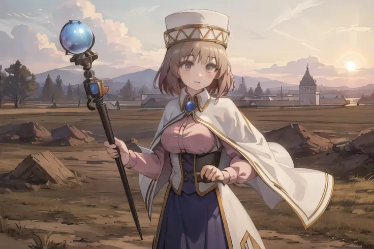 masterpiece, best quality, 1girl, solo, (priest clothes: 1.5), hat, holding jewelry staff, outdoors, cumulonimbus calvus, depth of field, <lora:IsekaiOjisan-Alicia-release-1.0:0.7>