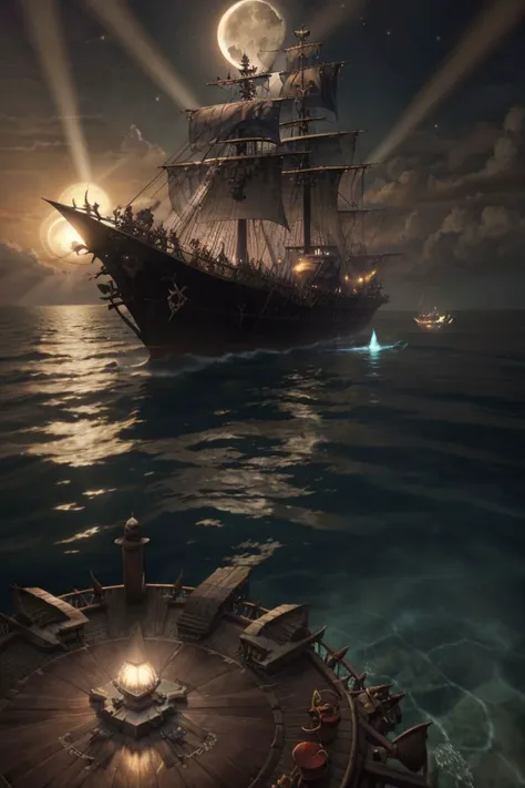 a massive (pirate warship with dark sails) traveling at high speeds BREAK
on the ocean surface with clear waters BREAK
at night time, godrays, lens flare, moonlight, intrincate details, sharp focus