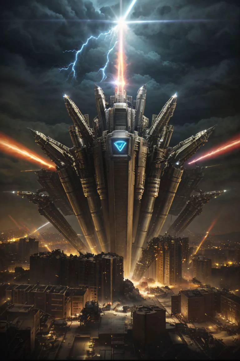 a (giant war robot with visible (rgb lights)) BREAK
rampaging in a (large city), destroyed buildings and explosions BREAK
in a (storm night with thunders in the distance) BREAK
photo realistic, 24mm, dolly zoom, dutch angle, cinematic look, lens flare, sharp focus, intrincate details, volumetric light