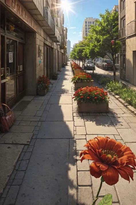 a closeup portrait of (red flower) growing on a sidewalk BREAK
in a (large city street) with tall buildings BREAK
in a (bright day) BREAK
view from below, photo realistic, dolly zoom, cinematic look, lens flare, intrincate details