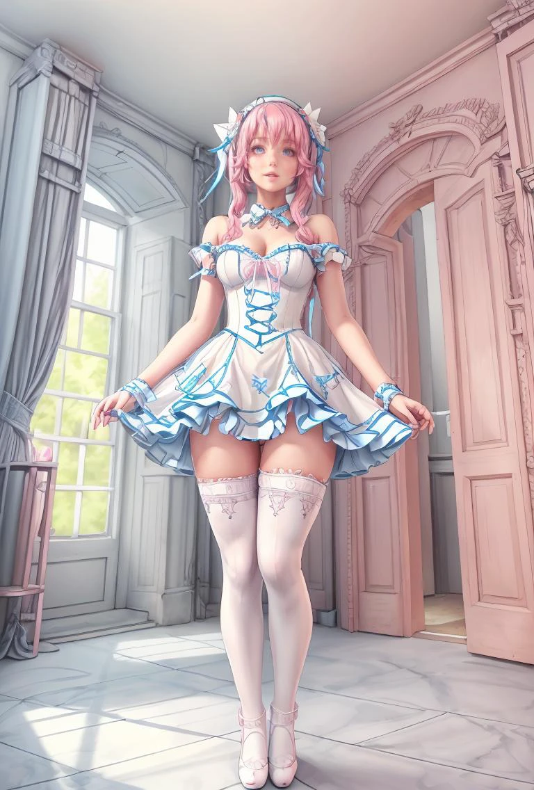 (masterpiece, best quality), 1girl, blue and white frill dress, (white stockings), pink hair, cute face, standing, indoor, intricate detail, sunlight, <lora:add_detail:1>