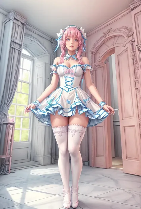 (masterpiece, best quality), 1girl, blue and white frill dress, (white stockings), pink hair, cute face, standing, indoor, intricate detail, sunlight, <lora:add_detail:1>