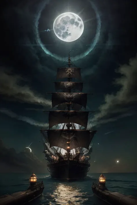 a massive (pirate warship with dark sails) traveling at high speeds BREAK
on the ocean surface with clear waters BREAK
at night time, godrays, lens flare, moonlight, intrincate details, sharp focus