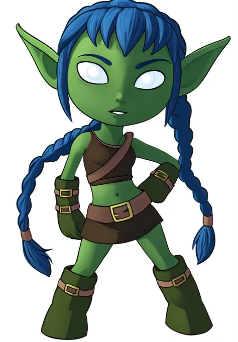 1girl, goblin girl, wearing a strapless mini top with long sleeves, blue hair, thong panties, short, big , big ass,