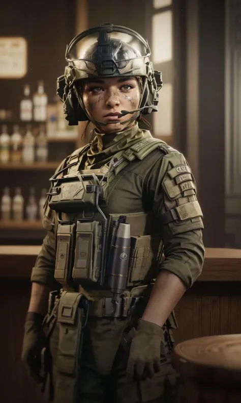 cblasco2042, 1girl, best quality, masterpiece, 5 fingers, depth of field, full body, 5 fingers, raw photo, photorealistic, standing in bar, soldier, helmet, dirt on face, closeup, focus on eyes, detailed eyes