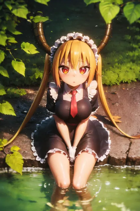 <lora:AManOfCulture - 3DRender [v2]:0.7>, (3D, dark skin:0.4), (shiny, shiny skin:1.2)
<lora:Dark_Style:0.4> , cinematic lighting, David Park, lights,<lora:kahuka-pynoise:0.6> , kahuka1
<lora:BackgroundDetailer:-1.3>, (nature, trees, leaves, bush,flowers, sitting on ground, stones, river, water:1.2)
<lora:Tooru:0.7> , Tooru, tohru_\(maidragon\), 1girl, breasts, large breasts, red eyes, scales, slit pupils, long hair, gradient hair, yellow hair, red hair, twintails, (dragon girl, horns, dragon horns), (maid, maid headdress, maid apron, maid dress, tie, red tie, short sleeves, gloves, white gloves)
(from above:1.2)