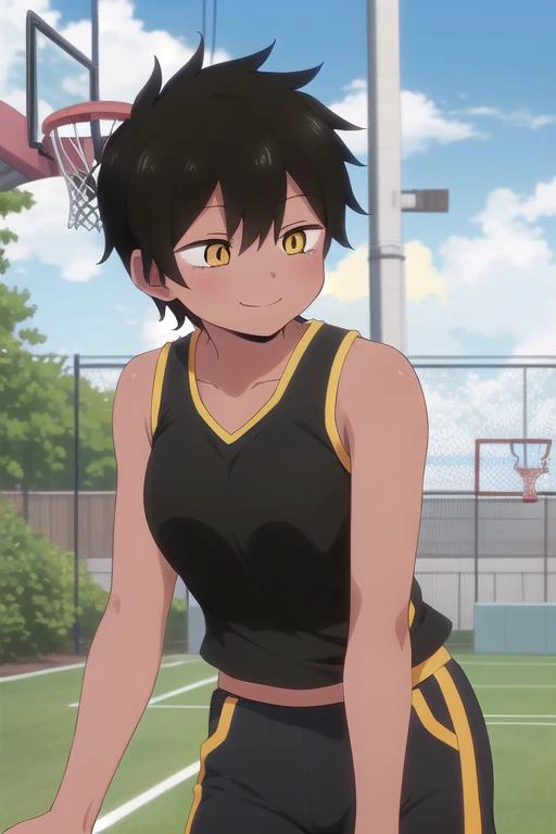 ultra-detailed,masterpiece,best quality,comic style,girl,speech bubble, natsumi kurobe,basketball goal,outdoor,leaning forward, evil smile,tanktop,tight pants,upper body, <lora:natsumi-uzasenpai:0.7>