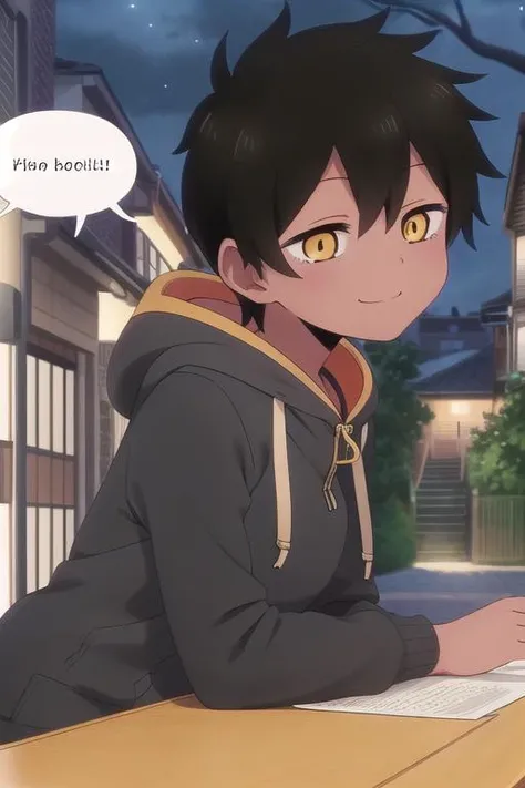 ultra-detailed,masterpiece,best quality,comic style,girl,speech bubble, natsumi kurobe,night,outdoor,leaning forward, evil smile,hoodie,upper body, <lora:natsumi-uzasenpai:0.7>