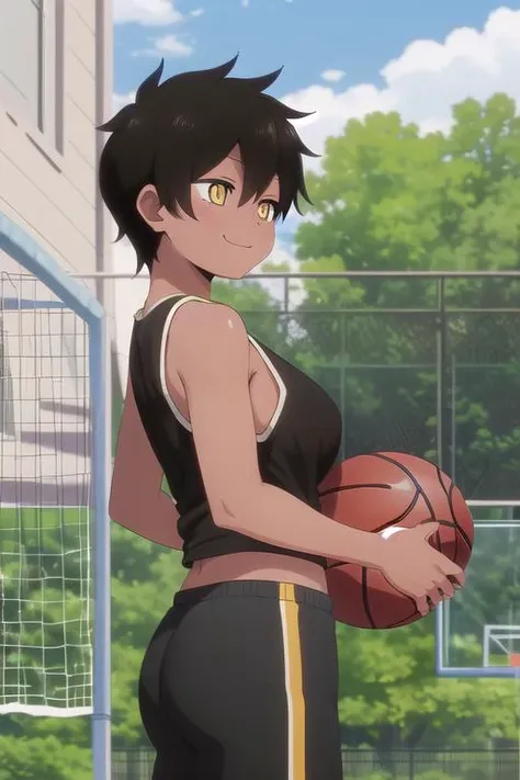 ultra-detailed,masterpiece,best quality,comic style,girl,speech bubble, natsumi kurobe,basketball goal,outdoor,from side,sideboob, evil smile,tanktop,tight pants,upper body, <lora:natsumi-uzasenpai:0.7>