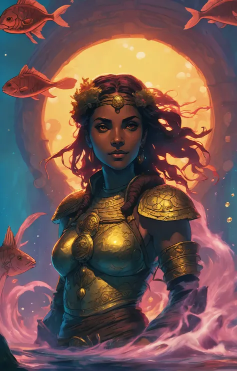 dgst artstyle, graphic illustration, comic art, graphic novel art, vibrant, dark and moody close-up shot of a beautiful Maldivian woman with a small smile, (focus on character:1.1), portrait, looking at viewer, (high fantasy medieval theme:1.1), glowing eyes, mystical atlantean, aquatic , fins, serene, wearing aquatic clothes, aquatic tattoos, bubbles, dynamic pose, seaweed, oceanic depths, underwater, magical aura, deep-sea, ancient underwater civilization, sunken ship wreckage, atlantis, marine artifacts in background, (turtles:0.8), volumetric lighting, mystical atmosphere, <lora:SDXL1.0_Essenz-series-by-AI_Characters_Style_DarkestDungeon-v1.0:0.7>, crimson sky yellow sun white clouds, high quality, 4k, highly detailed