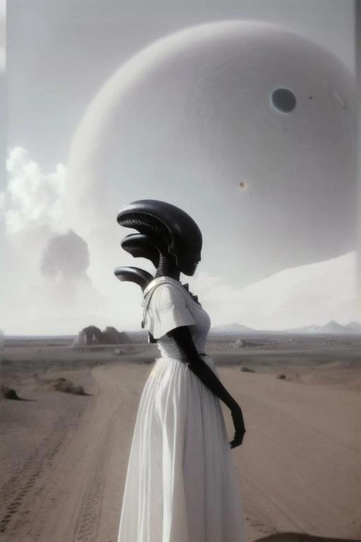vintage photograph of xenomilf wearing white dress, planet in background<lora:xenomilf:1>
