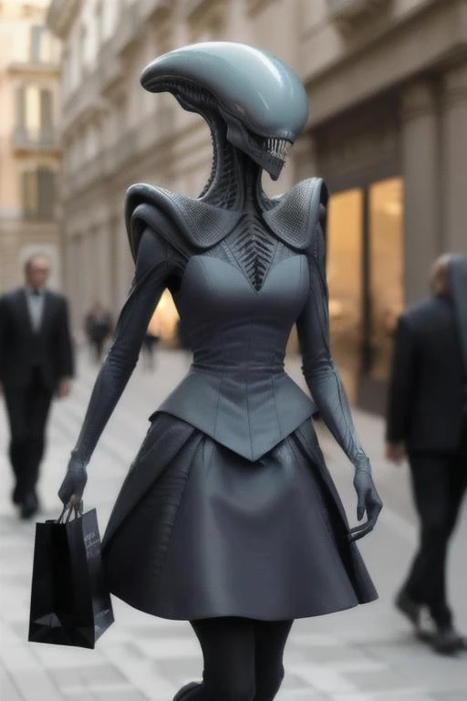 detailed high resolution photograph of xenomilf, elegant designer dress, sharp teeth, shopping in Milan<lora:xenomilf:.8>