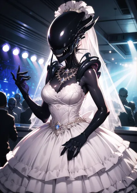 monster girl, colored skin, black skin, sharp teeth, (1girl) (digital) (in detailed nightclub, (Wedding Dress)) , best quality, <lora:boldline:0.2> <lora:hairdetailer:0.2> xenomilf, <lora:xenomilf:1>