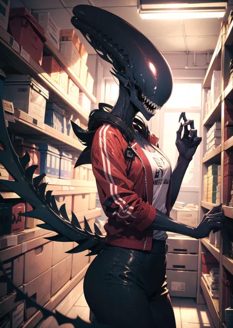 monster girl, colored skin, black skin, sharp teeth, tail, (1girl) (digital) (in detailed gym storeroom, (Surcoat)) , best quality, <lora:boldline:0.2>  <lora:hairdetailer:0.2> xenomilf,  <lora:xenomilf:1>