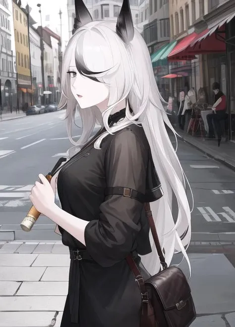 masterpiece, best quality, highres, 1girl,street background, koshelna, grey eyes, pale skin, animal ears, grey eyes, hair over one eye, <lyco:KOSLENA_V3-000015:0.8>, multicolored hair, dress,long hair, mature woman