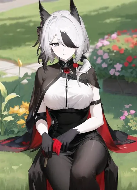 masterpiece, best quality, highres, 1girl,garden background, koshelna, grey eyes, pale skin, animal ears, grey eyes, hair over one eye, side ponytail, short hair, black pants, long dress, capelet, sideboob, gloves, white shirt, <lyco:KOSLENA_V3-000015:0.95>, multicolored hair, sitting