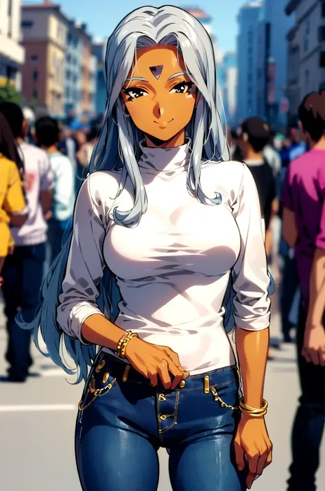 ((masterpiece,best quality, detailed)), 1girl, solo focus, outdoors, street, crowd, cowboy shot,
urd \(aa megami-sama\), facial mark, forehead mark, choker, bracelet, (turtleneck sweater, turtleneck), jeans, sunglasses, smile, (retro artstyle)
