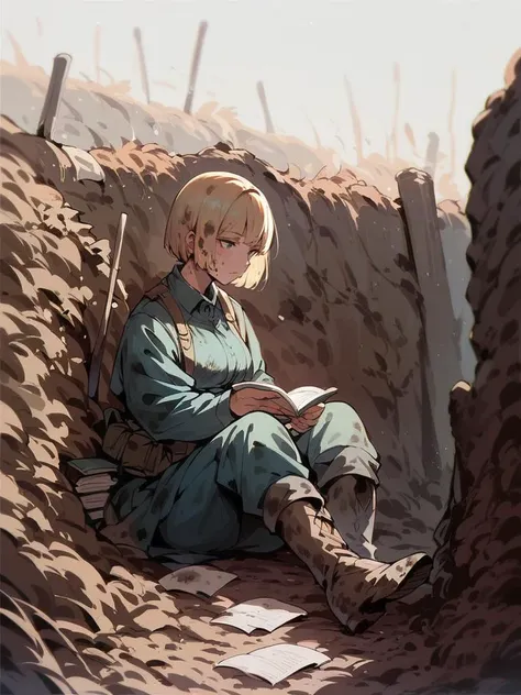 score_9,score_8_up,score_7_up,score_6_up,source_anime,<lora:trenchwarfarepony:1>,trench warfare,1girl,sitting on ground,boots,muddy,blonde bob cut,face focus,from side,reading book,