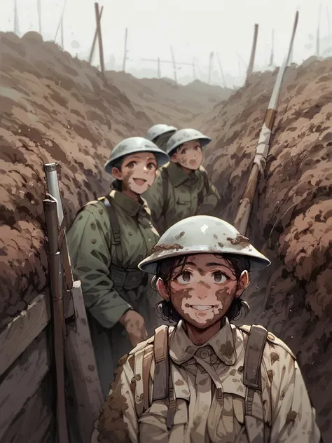 score_9,score_8_up,score_7_up,score_6_up,source_anime,<lora:trenchwarfarepony:1>,trench warfare,upper body,looking at viewer,smile,muddy,group of girls,face focus,