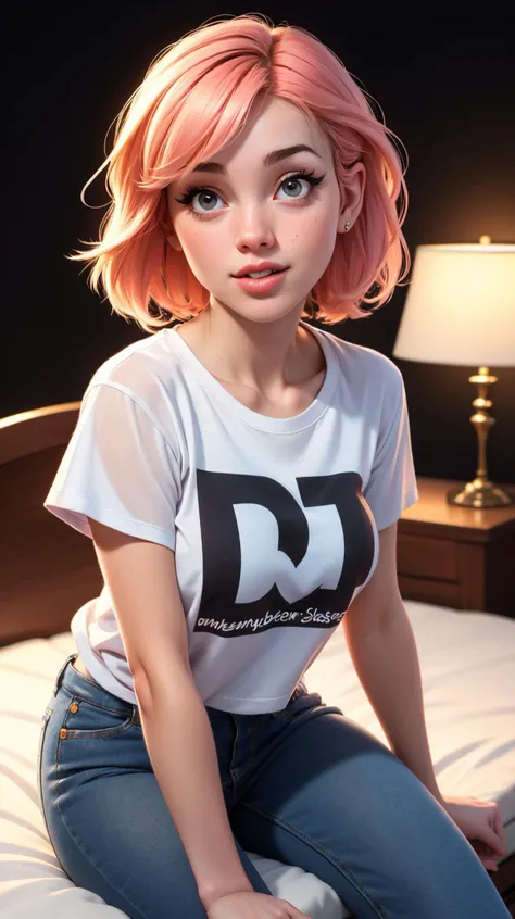 DEN_valy_SG:1.2 wearing a ((oversized t-shirt:1.2)), ((rocker t-shirt, logo on t-shirt)), ((cooper hair)), bob hair, hyper realistic, 4k, medium breasts, masterpiece, beautiful, facing the viewer, headshot, chin cleft, denim pants, ((nasolabial folds)), DSLR RAW PHOTO, 8K, POV, canon 5d, 85mm, ((bedroom, early morning, sitting on a bed, dim lights, black background)), smirk, sexy pose, AS-Adult, (RAW photo:1.2), (photorealistic:1.4), (masterpiece:1.4), (best quality:1.4), ultra high res, ((detailed facial features)), HDR, 8k resolution, upper body, \(nikke\), (masterpiece:1.4), (best quality:1.4), (shiny skin), <lora:p3r3zstyle:0.3>